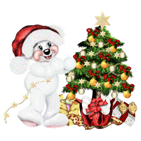 Grote kerstanimatie van een kerstboom - Muis in kerstkleding staat naast een kerstboom met gele kerstballen, witte kerststeren, rode strikken en daaronder veel kerstcadeaus