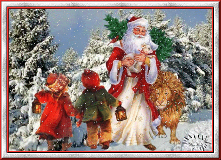 Grote kerstanimatie van een kerstman - Kerstman met twee kinderen en een leeuw in een sparrenbos