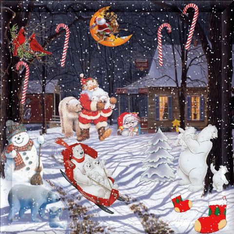 Grote kerstanimatie van een kerstman - Sneeuwlandschap met een huis, ijsberen op een slee, een sneeuwpop, zuurstokken en kerstsokken