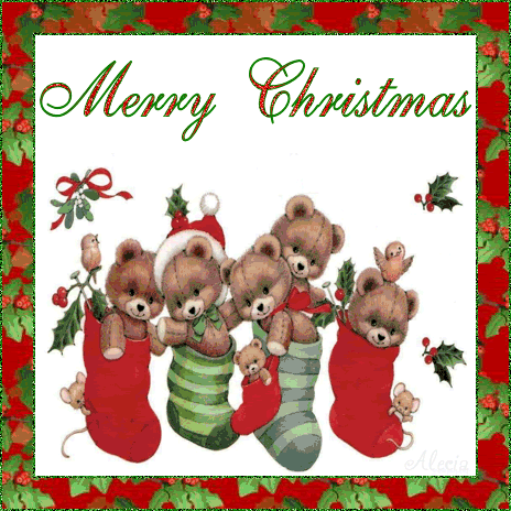 Grote animatie van een kerstsok - Merry Christmas met een aantal beren in kerstsokken