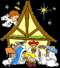Mini animatie van een kerststal - Kerststal met het Maria en Jezus omringd door de drie wijzen uit het oosten en de dieren