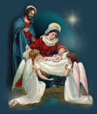 Grote animatie van een kerststal - Twee engelen zitten bij Jezus die in de kribbe ligt terwijl Jozef en Maria toekijken