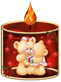 Middelgrote kerstmis animatie van een kerstkaars - Brandende rode kaars met daarin twee beren met een kerstcadeau