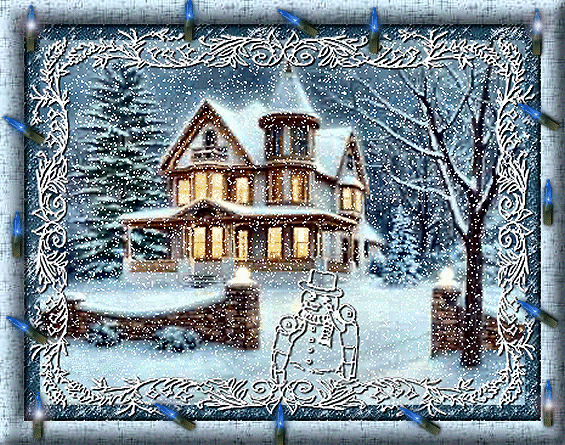 Grote kerst animatie van kerstverlichting - Besneeuwde villa in de sneeuw met een lijst met blauwe kerstverlichting