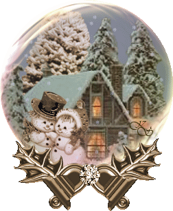Middelgrote animatie van een sneeuwpop - Globe met twee huizen en twee sneeuwpoppen in de sneeuw