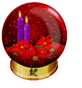 Middelgrote kerstmis animatie van een kerstkaars - Rode globe met twee brandende paarse kaarsen en kerststerren in de sneeuw