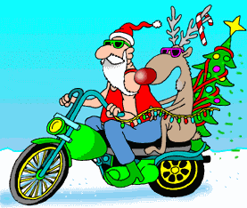 Middelgrote animatie van een rendier - De Kerstman met zijn rendier op de motor met een kerstboom en gekleurde kerstverlichting