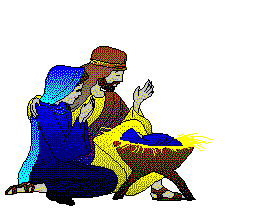 Middelgrote animatie van een kerststal - Jozef en Maria bij het kindje Jezus in de kribbe en een stralende kerstster