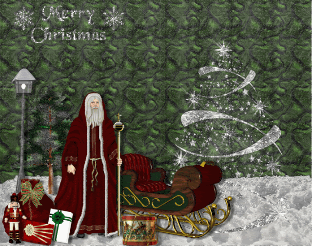 Grote kerstanimatie van een kerstman - Merry Christmas met de Kerstman bij zijn slee met kerstcadeaus en een kerstboom in glitter