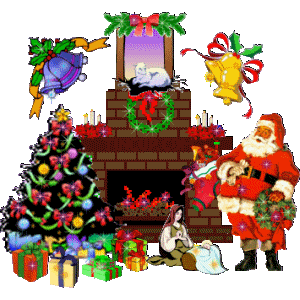 Middelgrote animatie van een schoorsteen - Kerstboom met rode strikken en veel kerstcadeaus naast een open haard met aan de andere kant de Kerstman die een kerstkrans in zijn hand heeft