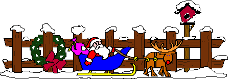 Middelgrote animatie van een rendier - Santa Claus zit in zijn blauwe arrenslee met daarvoor Rudolf het rendier met de rode neus