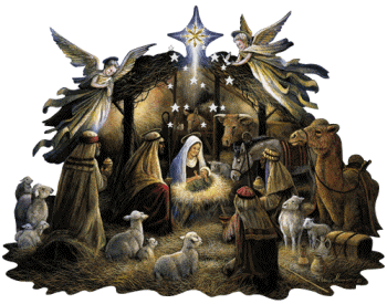 Middelgrote animatie van een kerststal - Kerststal met Maria en Jozef bij het kindeke Jezus in de kribbe en verder zijn er nog dieren, herders en engelen in de stal
