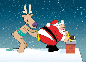 Middelgrote animatie van een schoorsteen - De Kerstman meet de breedte van de schoorsteen op terwijl het rendier de kont van de Kerstman opmeet