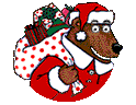Mini animatie van een rendier - Rudolf het rendier met de rode neus als Kerstman met een zak kerstcadeaus op zijn rug