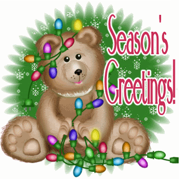 Grote kerst animatie van kerstverlichting - Season's greetings! met een beer die verstrikt geraakt is in de kerstverlichting