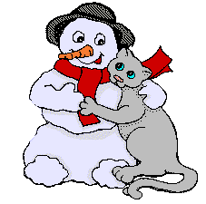 Middelgrote animatie van een sneeuwpop - Sneeuwman omhelst een kat