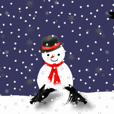 Middelgrote animatie van een sneeuwpop - Twee kraaien voor een sneeuwpop in de sneeuw