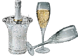 Middelgrote kerstanimatie - Twee champagneglazen en een fles in het vat