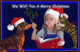 Middelgrote animatie van een kerstwens - We wish you a Merry Christmas met een meisje dat een boek leest en een hond en een kat