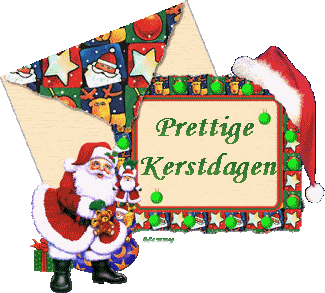 Middelgrote animatie van een kerstwens - Prettige Kerstdagen Wens ik je toe Groetjes met een Kerstman met een grote envelop en een kerstmuts