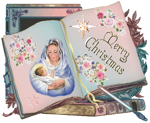 Grote animatie van een kerststal - Merry Christmas met een opengeslagen boek met een prent van Maria met Jezus op haar arm