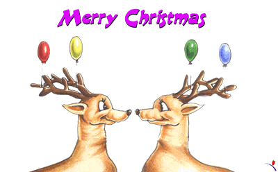 Middelgrote animatie van een kerstwens - Merry Christmas, twee rendieren die elkaar zoenen