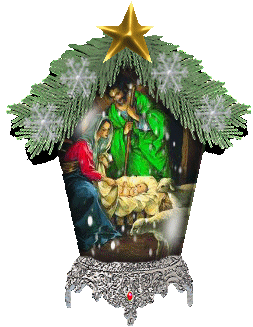 Middelgrote animatie van een kerststal - Lantaarn met daarin Jozef en Maria met het kindeke Jezus in de kribbe en twee lammeren