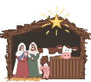 Mini animatie van een kerststal - Jozef en Maria met het kindeke Jezus in de stal met een koe en een varken en de ster die erboven staat te stralen