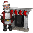 Mini animatie van een schoorsteen - De Kerstman staat naast een open haard waar vier rode kerstsokken aan hangen