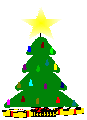 Kleine kerstanimatie van een kerstboom - Kerstboom met gekleurde kerstverlichting en een grote gele kerstster als piek en onder de boom drie kerstcadeaus