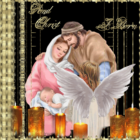 Grote animatie van een kerststal - Jozef en Maria met het kindeke Jezus en een engel