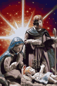 Kleine animatie van een kerststal - Jozef en Maria met het kindeke Jezus en een grote kerstster