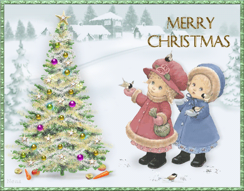 Grote kerstanimatie van een kerstboom - Merry Christmas met een kerstboom met slingers en kerstballen en twee kinderen die de vogeltjes voeren