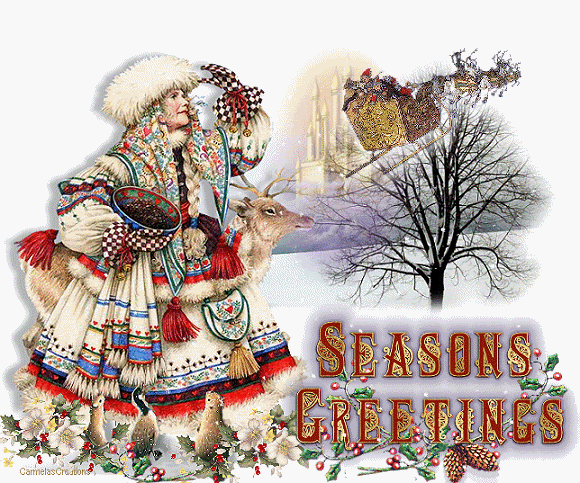 Grote animatie van een rendier - Seasons Greetings met de kerstman en zijn arrenslee met rendieren die door de lucht vliegen