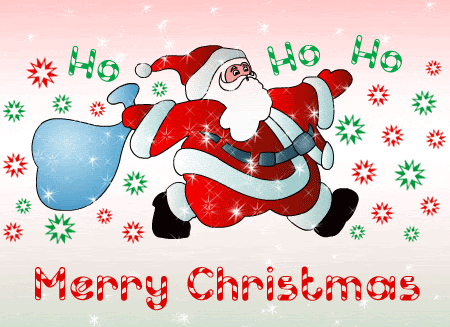 Grote kerstanimatie van een kerstman - Merry Christmas, de Kerstman loopt met een zak kerstcadeaus en zegt Ho Ho Ho
