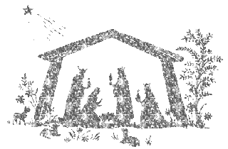 Middelgrote animatie van een kerststal - Kerststal met Jozef en Maria en het kindeke Jezus in de kribbe en de drie wijzen uit het oosten in glitter