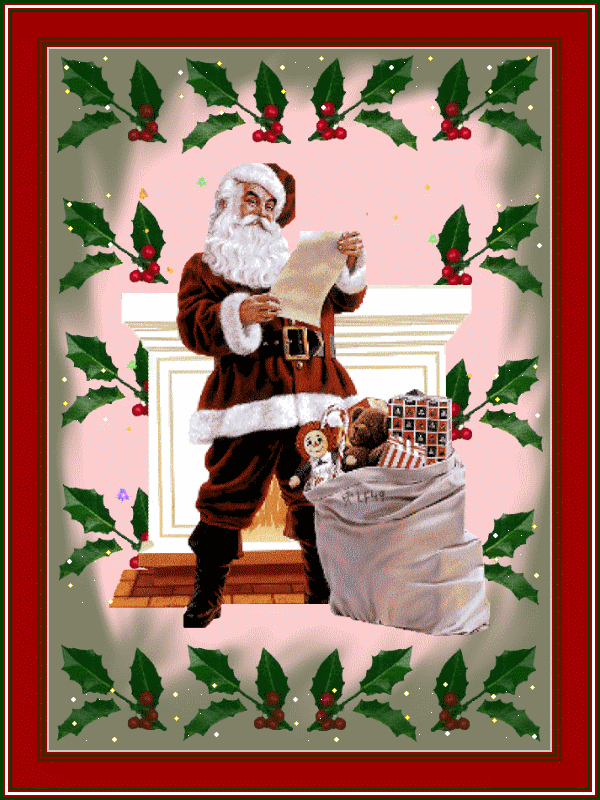 Grote kerstanimatie van een kerstman - De Kerstman staat met een brief in zijn handen voor de open haard met een zak vol kerstcadeaus voor zich