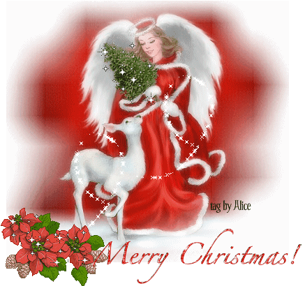 Grote kerstanimatie van een kerstengel - Merry Christmas met een engel die een kerstboom vasthoudt en een lam