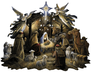 Middelgrote animatie van een kerststal - Kerststal met Jozef en Maria met het kindeke Jezus in de kribbe en de drie wijzen uit het oosten met lammeren en engelen
