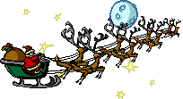 Kleine animatie van een rendier - De Kerstman vliegt met zijn arrenslee en rendieren bij volle maan door de lucht