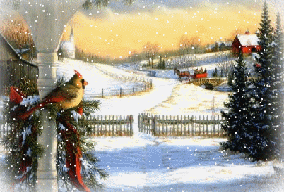 Grote animatie van sneeuw - Sneeuwlandschap met op de voorgrond een vogel en besneeuwde sparren waar het sneeuwt