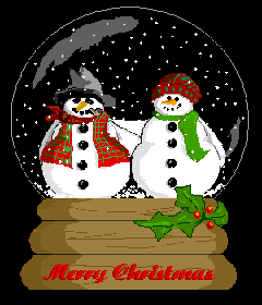 Middelgrote animatie van een kerstwens - Merry Christmas met een sneeuwglobe met daarin twee sneeuwpoppen