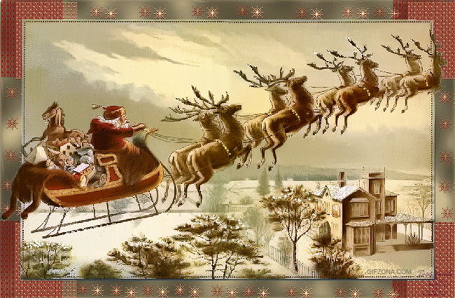 Grote animatie van een rendier - De Kerstman vliegt met zijn arrenslee en acht rendieren door de lucht