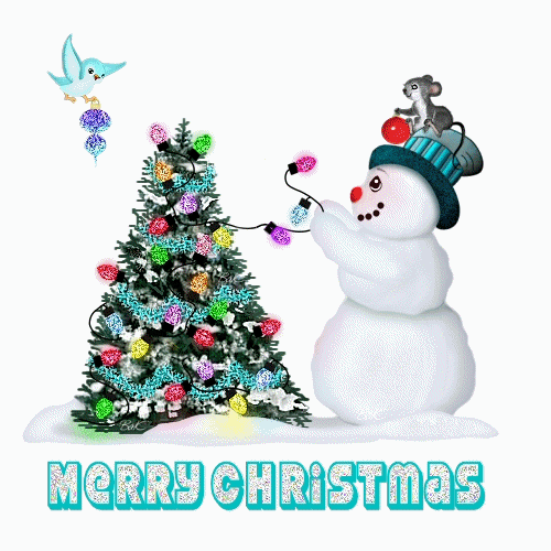 Grote animatie van een sneeuwpop - De sneeuwpop hangt de kerstverlichting op in de kerstboom: Merry Christmas