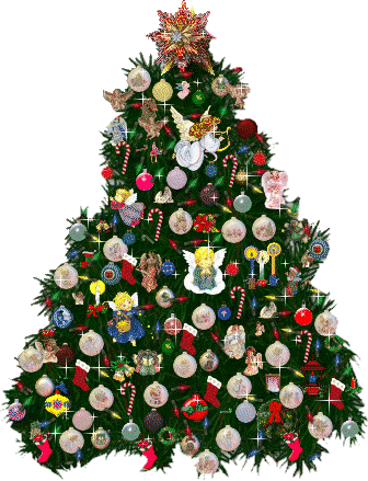 Grote kerstanimatie van een kerstboom - Kerstboom boordevol met kerstballen, kerstsokken en witte kerststerren