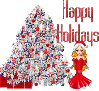 Middelgrote animatie van een kerstwens - Happy Holidays met een kerstbabe naast een grijze rijk versierde kerstboom
