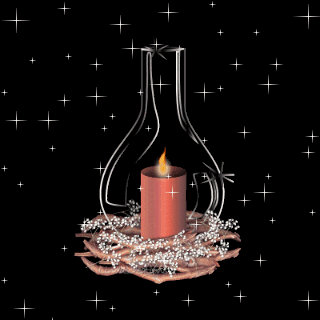 Grote kerstanimatie - Brandende rode kaars in een glas met daaromheen witte sterren