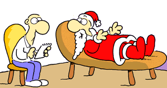 Middelgrote kerstanimatie van een kerstman - De Kerstman ligt bij de psychiater op de sofa