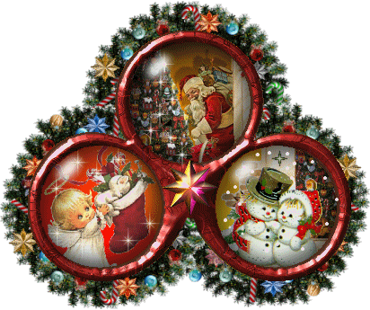 Grote kerstanimatie - De Kerstman bij een kerstboom, een kerstengeltje met een kerstsok en twee sneeuwpoppen