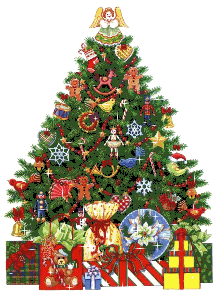 Grote kerstanimatie van een kerstboom - Rijk versierde kerstboom met fonkelende sterretjes